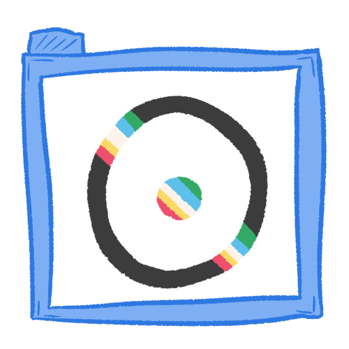 A circle with a dot inside it, coloured with the disability pride flag stripes, inside of a transparent blue folder.